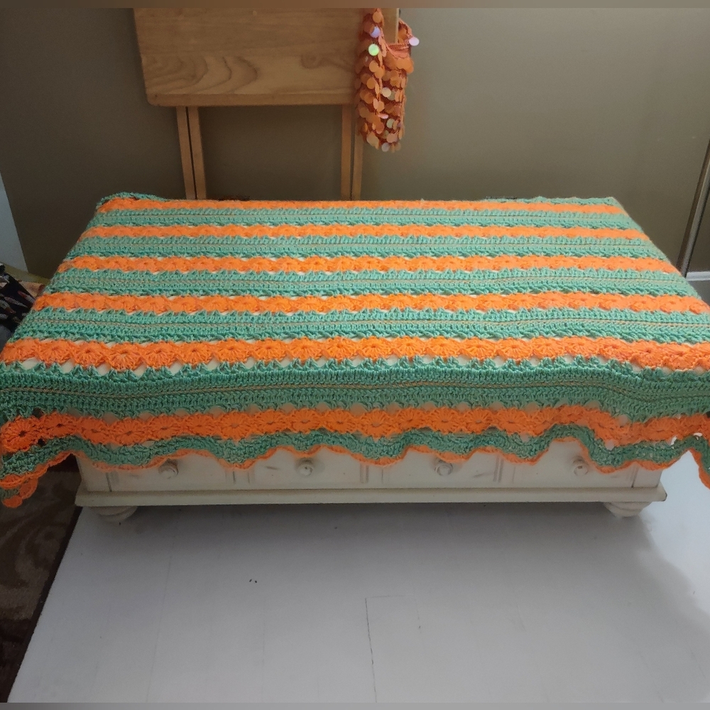 Orange & Mint Green Crocheted Afghan Retro Throw Cover Granny-made Blanket